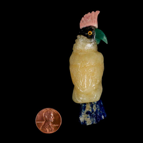 3.5" Hand Carved Bird Perched on Blue Sodalite Parrot Yellow, Pink Calcite Peru