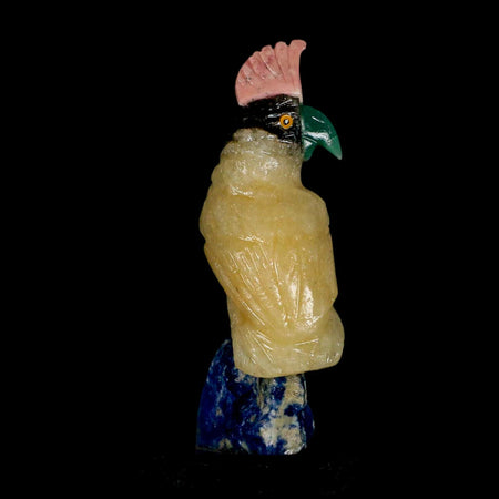 3.5" Hand Carved Bird Perched on Blue Sodalite Parrot Yellow, Pink Calcite Peru
