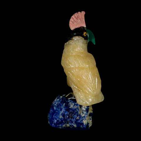 3.5" Hand Carved Bird Perched on Blue Sodalite Parrot Yellow, Pink Calcite Peru
