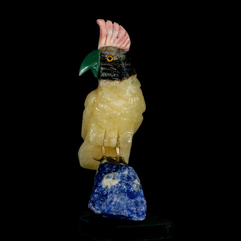 3.5" Hand Carved Bird Perched on Blue Sodalite Parrot Yellow, Pink Calcite Peru