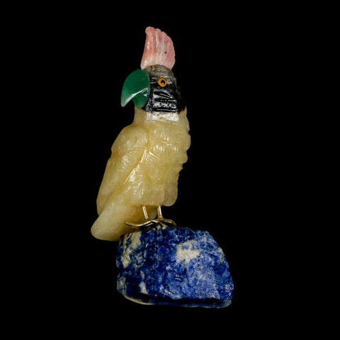 3.5" Hand Carved Bird Perched on Blue Sodalite Parrot Yellow, Pink Calcite Peru