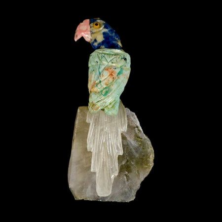 3.8" Hand Carved Bird Perched on Crystal Quartz Parrot Amazonite, Sodalite Peru