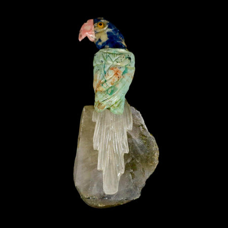 3.8" Hand Carved Bird Perched on Crystal Quartz Parrot Amazonite, Sodalite Peru