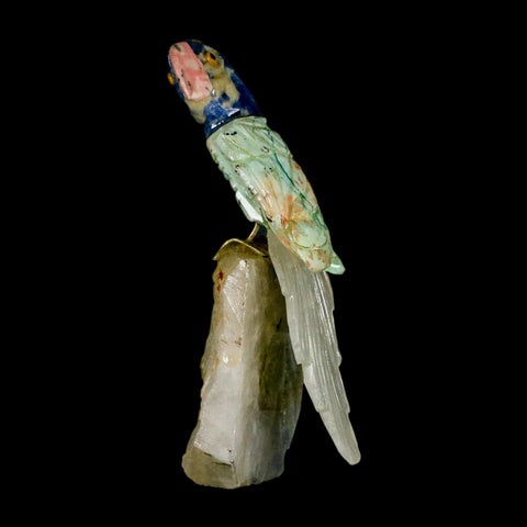 3.8" Hand Carved Bird Perched on Crystal Quartz Parrot Amazonite, Sodalite Peru