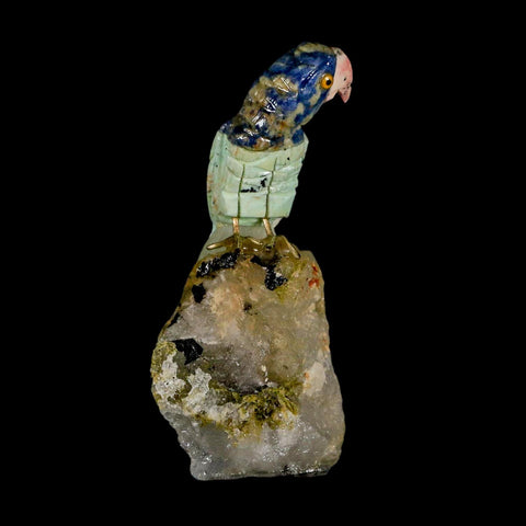 3.8" Hand Carved Bird Perched on Crystal Quartz Parrot Amazonite, Sodalite Peru