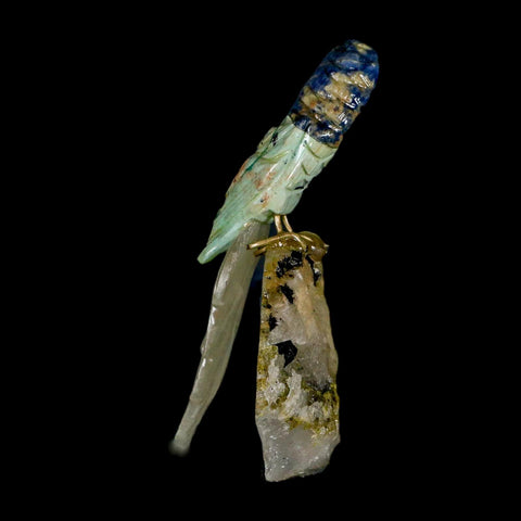 3.8" Hand Carved Bird Perched on Crystal Quartz Parrot Amazonite, Sodalite Peru