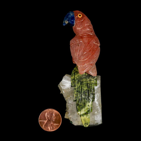 3.9" Hand Carved Bird Perched on Quartz Crystal Parrot Pink Calcite Serpentine Peru