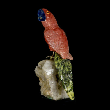 3.9" Hand Carved Bird Perched on Quartz Crystal Parrot Pink Calcite Serpentine Peru