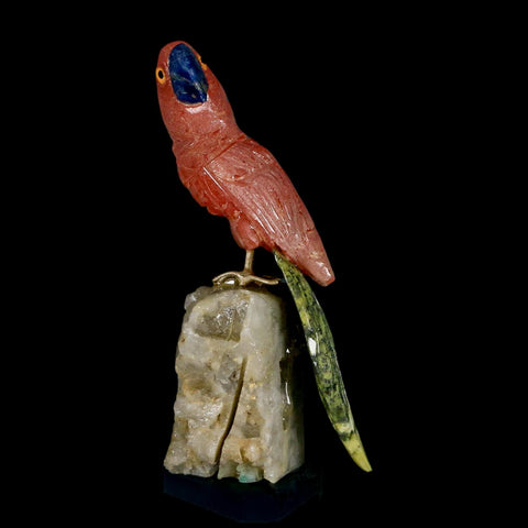 3.9" Hand Carved Bird Perched on Quartz Crystal Parrot Pink Calcite Serpentine Peru