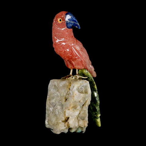 3.9" Hand Carved Bird Perched on Quartz Crystal Parrot Pink Calcite Serpentine Peru