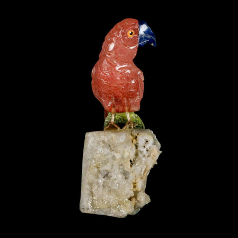 3.9" Hand Carved Bird Perched on Quartz Crystal Parrot Pink Calcite Serpentine Peru