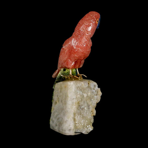 3.9" Hand Carved Bird Perched on Quartz Crystal Parrot Pink Calcite Serpentine Peru