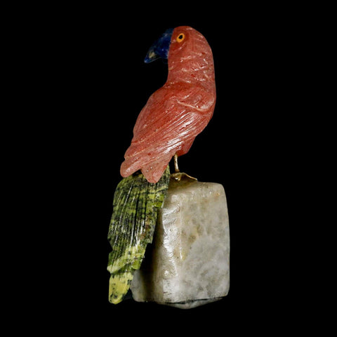 3.9" Hand Carved Bird Perched on Quartz Crystal Parrot Pink Calcite Serpentine Peru