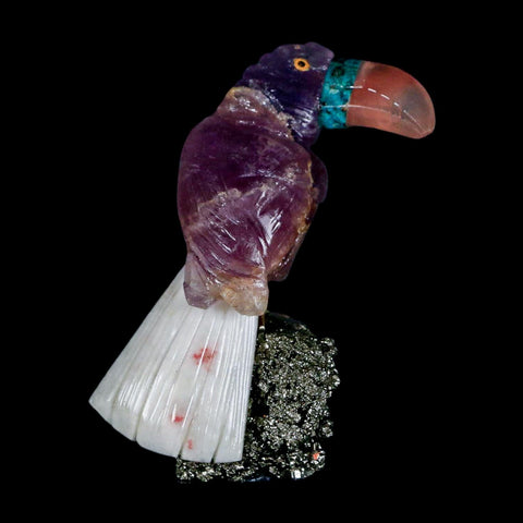 3" Hand Carved Bird Perched on Pyrite Crystals Toucan Pink Calcite, Amethyst Peru