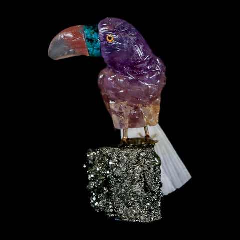 3" Hand Carved Bird Perched on Pyrite Crystals Toucan Pink Calcite, Amethyst Peru