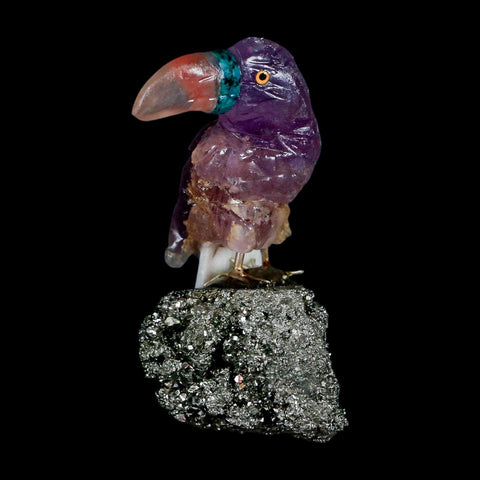 3" Hand Carved Bird Perched on Pyrite Crystals Toucan Pink Calcite, Amethyst Peru