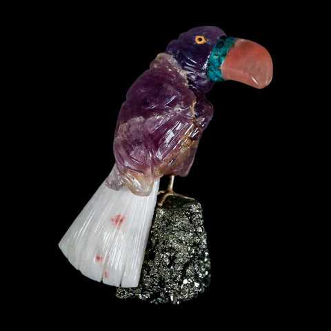 3" Hand Carved Bird Perched on Pyrite Crystals Toucan Pink Calcite, Amethyst Peru