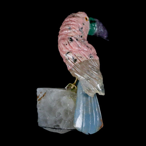 3" Hand Carved Bird Perched on Crystals Quartz Toucan Pink Calcite, Amethyst Peru