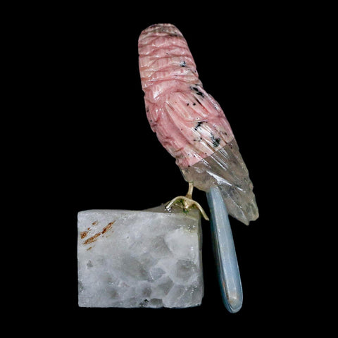 3" Hand Carved Bird Perched on Crystals Quartz Toucan Pink Calcite, Amethyst Peru