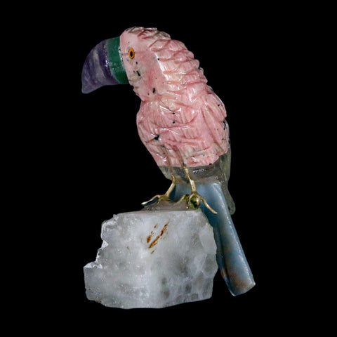 3" Hand Carved Bird Perched on Crystals Quartz Toucan Pink Calcite, Amethyst Peru