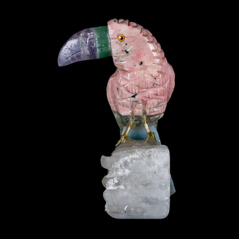 3" Hand Carved Bird Perched on Crystals Quartz Toucan Pink Calcite, Amethyst Peru