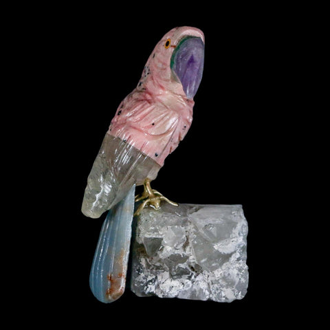 3" Hand Carved Bird Perched on Crystals Quartz Toucan Pink Calcite, Amethyst Peru