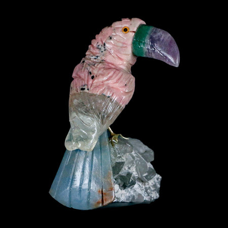 3" Hand Carved Bird Perched on Crystals Quartz Toucan Pink Calcite, Amethyst Peru