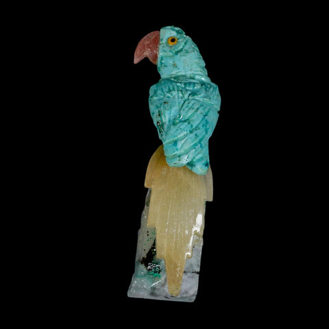 3.9" Hand Carved Bird Perched on Crystal Quartz Parrot Amazonite, Yellow Calcite  Peru