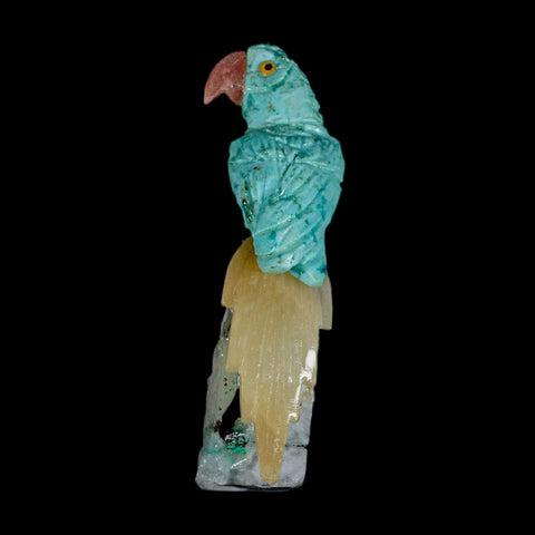 3.9" Hand Carved Bird Perched on Crystal Quartz Parrot Amazonite, Yellow Calcite  Peru