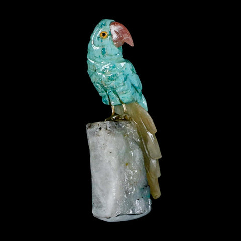 3.9" Hand Carved Bird Perched on Crystal Quartz Parrot Amazonite, Yellow Calcite  Peru