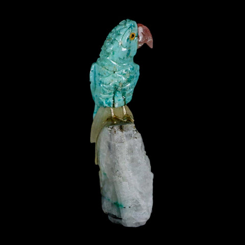 3.9" Hand Carved Bird Perched on Crystal Quartz Parrot Amazonite, Yellow Calcite  Peru