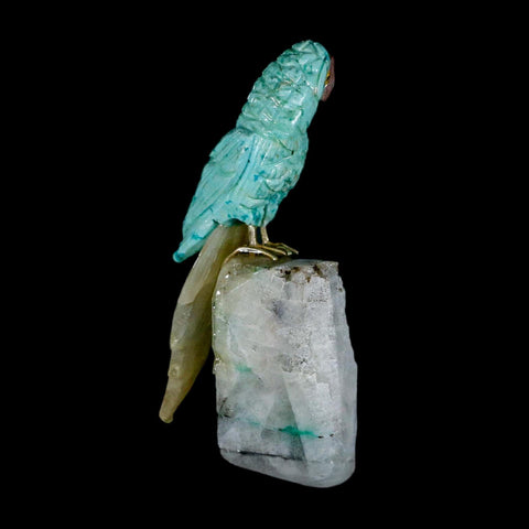 3.9" Hand Carved Bird Perched on Crystal Quartz Parrot Amazonite, Yellow Calcite  Peru