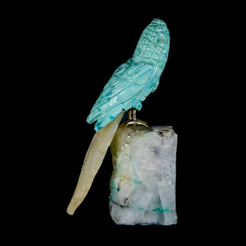 3.9" Hand Carved Bird Perched on Crystal Quartz Parrot Amazonite, Yellow Calcite  Peru
