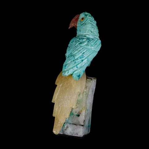 3.9" Hand Carved Bird Perched on Crystal Quartz Parrot Amazonite, Yellow Calcite  Peru