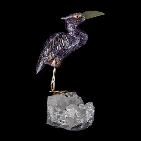 3.6" Hand Carved Bird Perched on Crystal Quartz Shore Bird, Amethyst Peru