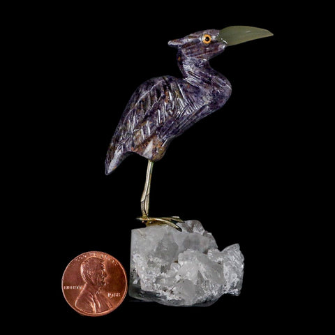 3.6" Hand Carved Bird Perched on Crystal Quartz Shore Bird, Amethyst Peru