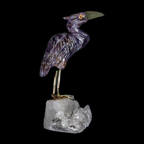 3.6" Hand Carved Bird Perched on Crystal Quartz Shore Bird, Amethyst Peru