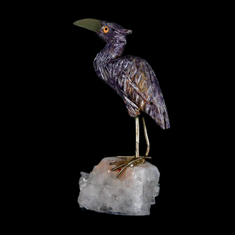 3.6" Hand Carved Bird Perched on Crystal Quartz Shore Bird, Amethyst Peru