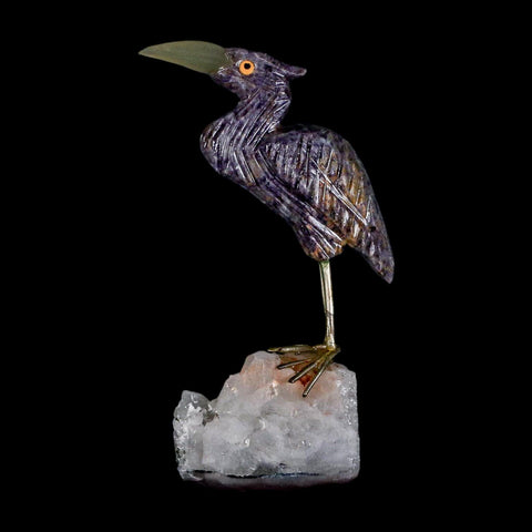 3.6" Hand Carved Bird Perched on Crystal Quartz Shore Bird, Amethyst Peru
