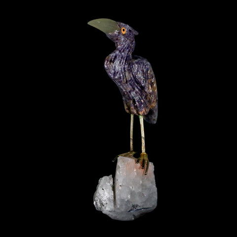 3.6" Hand Carved Bird Perched on Crystal Quartz Shore Bird, Amethyst Peru