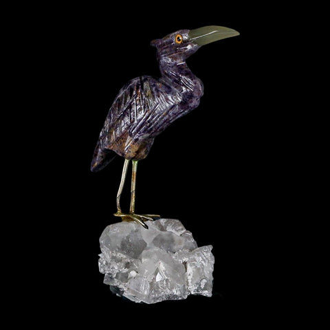 3.6" Hand Carved Bird Perched on Crystal Quartz Shore Bird, Amethyst Peru