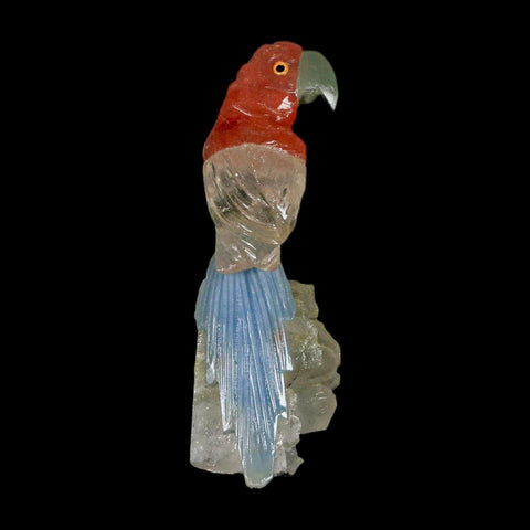 3.8" Hand Carved Bird Perched on Quartz Crystal Parrot Pink, Blue, White Calcite Peru