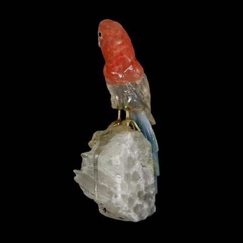 3.8" Hand Carved Bird Perched on Quartz Crystal Parrot Pink, Blue, White Calcite Peru