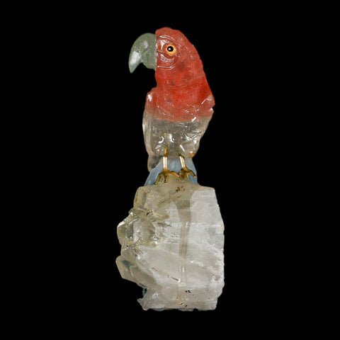 3.8" Hand Carved Bird Perched on Quartz Crystal Parrot Pink, Blue, White Calcite Peru