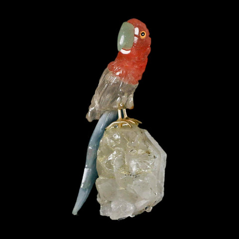 3.8" Hand Carved Bird Perched on Quartz Crystal Parrot Pink, Blue, White Calcite Peru