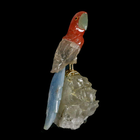 3.8" Hand Carved Bird Perched on Quartz Crystal Parrot Pink, Blue, White Calcite Peru