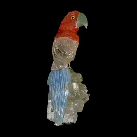 3.8" Hand Carved Bird Perched on Quartz Crystal Parrot Pink, Blue, White Calcite Peru