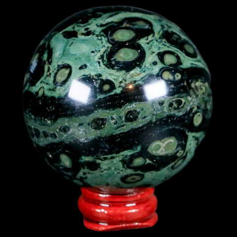 XL 59MM Green Eye Kambaba Jasper Sphere Stromatolite Algae Fossil Peacock Stand - Fossil Age Minerals