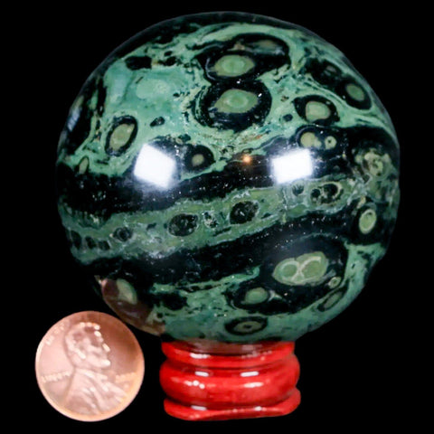 XL 59MM Green Eye Kambaba Jasper Sphere Stromatolite Algae Fossil Peacock Stand - Fossil Age Minerals