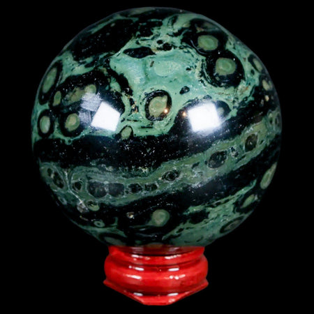 XL 59MM Green Eye Kambaba Jasper Sphere Stromatolite Algae Fossil Peacock Stand